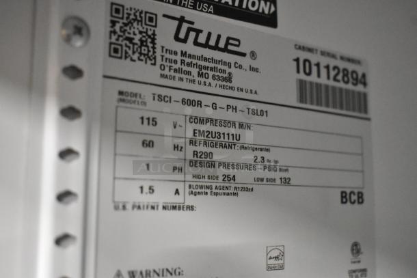 Label for 2021 True TSCI-600R-G-PH cooler, showing model details, 115V, 1 phase, R290 refrigerant, and Energy Star certification.