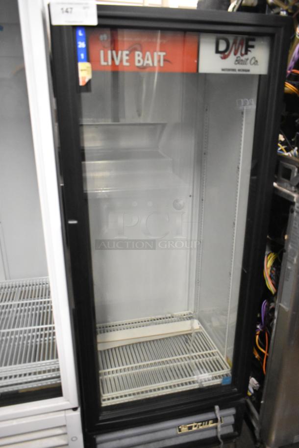 True GDM-12-LD commercial cooler with single glass door, poly coated racks, "LIVE BAIT" sign, 115V 1 Phase.