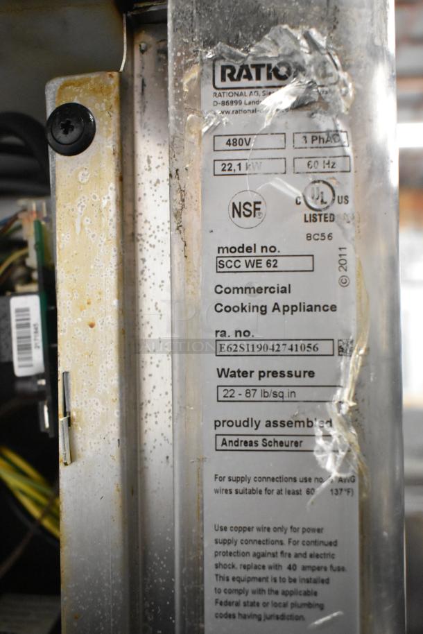 2019 Rational SCCWE62 self-cooking center tag, showing 480V, 3 Phase, NSF certified. Commercial cooking appliance.