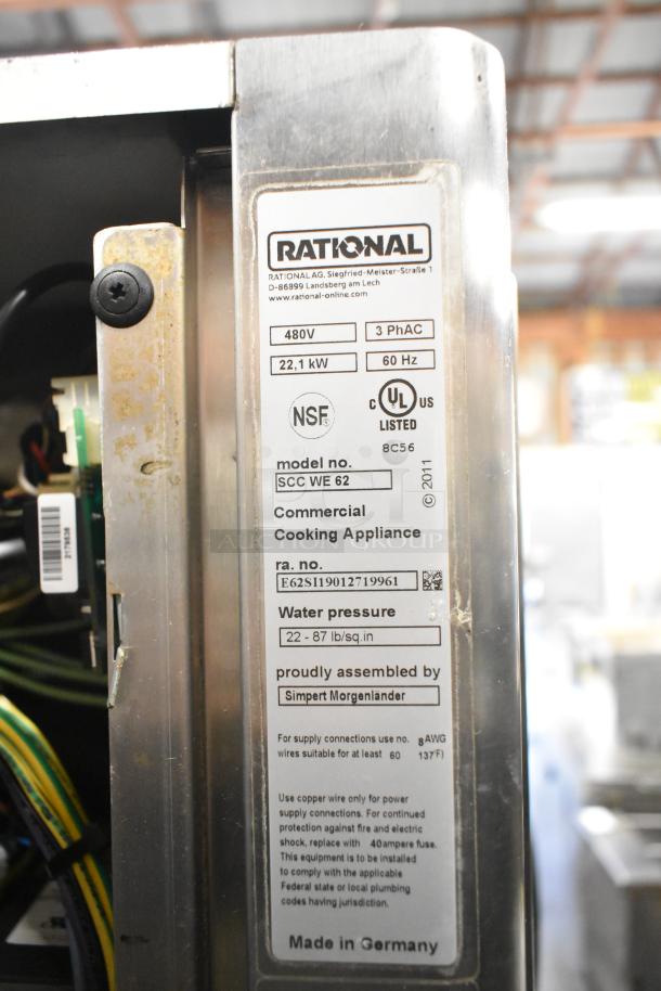 Stainless steel Rational SCCWE62 SelfCookingCenter convection oven label showing model, voltage, and certifications.