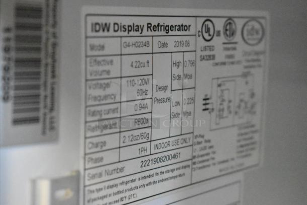 2019 IDW G4-HD234B Metal Mini Cooler Merchandiser, 115V, 1 Phase. Model and specs label visible.