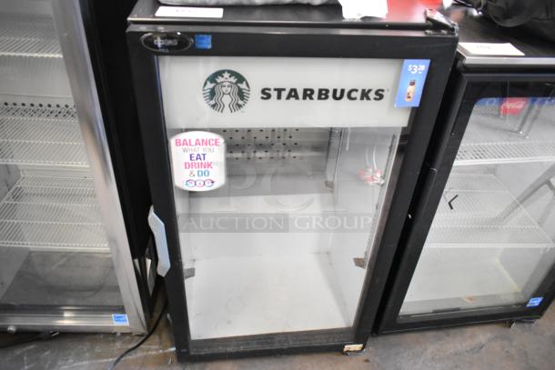 QBD DC6H Metal Mini Cooler Merchandiser, 115V, 1 Phase, branded with Starbucks logo, good condition.
