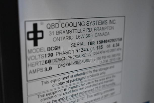 QBD DC6H Metal Mini Cooler Merchandiser label showing model, volts, hertz, amps, and phase details for 115V, 1 phase unit.