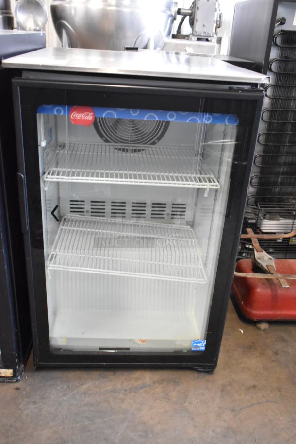 Imbera EVC04 Mini Cooler Merchandiser, metal frame, 115 volts, 1 phase, glass door, shelves, Coca-Cola branding.