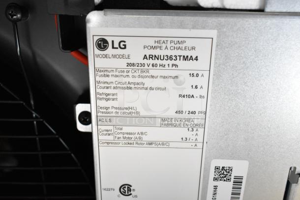 LG ARNU363TMA4 metal commercial evaporator fan, 208/230 volts, 1 phase, in good condition. Label shows technical specs and origin.