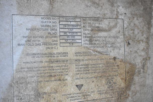 Baxter OV310G stainless steel commercial gas oven label showing model, BTU, and electrical specifications.