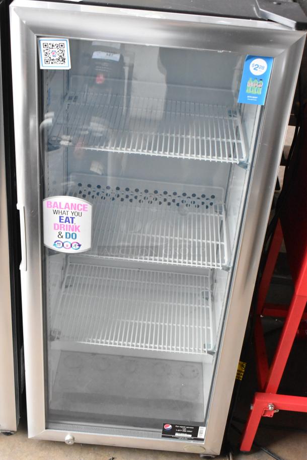 2021 IDW G4-H0234B metal mini cooler merchandiser with glass door, three shelves, 110-120V, 1 phase, excellent condition.