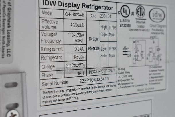 2021 IDW G4-H0234B metal mini cooler merchandiser label, 110-120V, 1 Phase, R600a refrigerant, model G4-H0234B, serial 2222104023413.