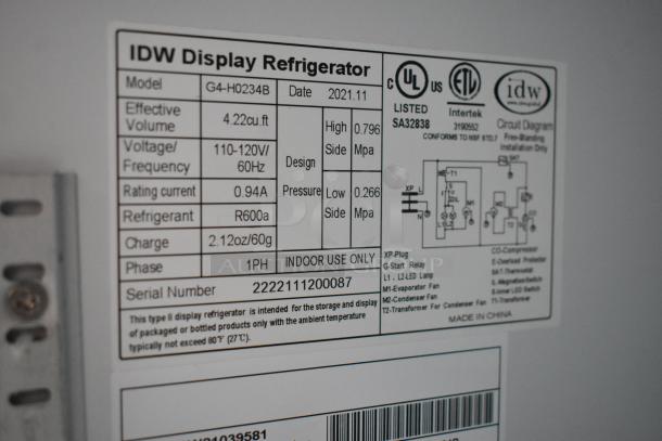 2021 IDW G4-H0234B Metal Mini Cooler Merchandiser label, 4.22 cu. ft., 110-120V, R600a refrigerant, serial 22221112000087.