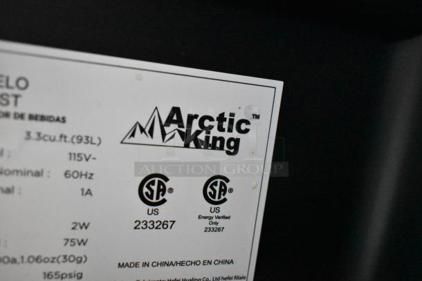Arctic King ARV115B1AST label showing model details, 3.3 cu ft capacity, 115V, 60Hz, and CSA certifications.