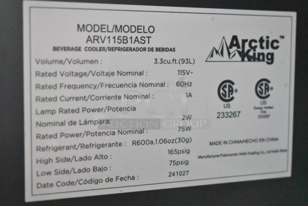 Arctic King ARV115B1AST metal mini cooler label; 3.3 cu. ft., 115V, 60Hz, R600a refrigerant, CSA certified, made in China.