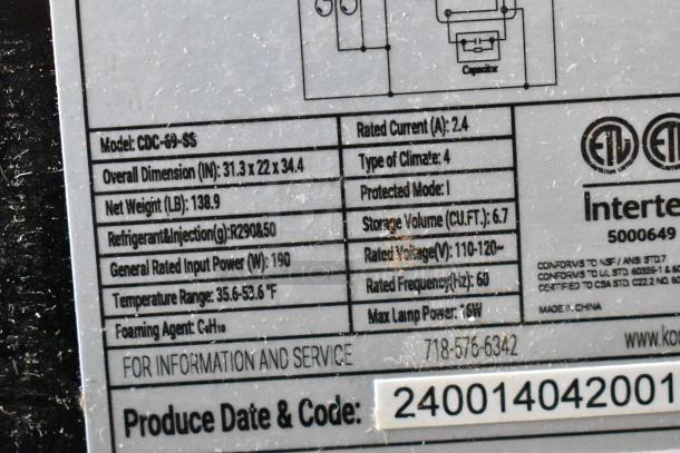 Label of KoolMore CDC-69-SS 4-Tier Display Refrigerator, 31.3x22x34.4 in, 138.9 lbs, 120V, 6.7 cu ft, R290 refrigerant.