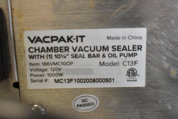 VacPak-It chamber vacuum sealer label, model 186VMC10OP, 10 1/4" seal bar, oil pump, 120V, 1000W, serial MC13F1002008000501, ETL certified.