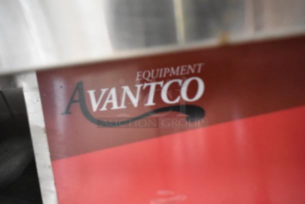 Alt text: Avantco logo on the stainless steel 30" electric countertop griddle; model 177EG30N, with thermostatic controls.