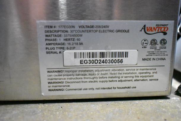 Avantco 177EG30N stainless steel electric griddle, 30", thermostatic controls, 208/240V, 1 phase. Plug type 6-20P.