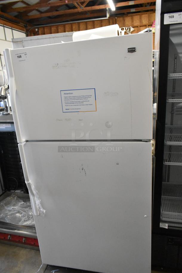 Maytag M1TXEGMYW01 single door reach-in cooler with freezer, 115 volts, 1 phase. Minor surface wear, visible labels.