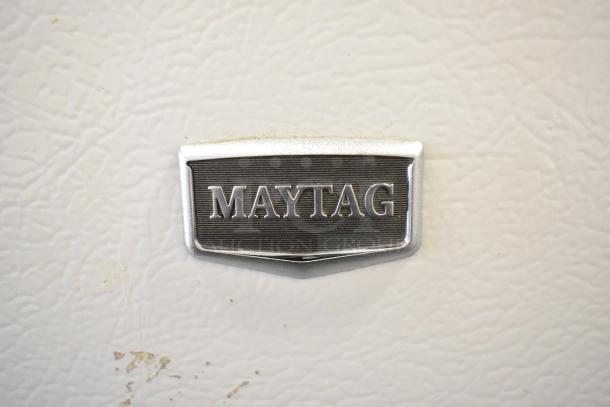Maytag model M1TXEGMYW01 badge on textured surface, indicating a single door reach-in cooler with freezer function, 115V, 1 phase.