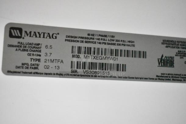 Maytag M1TXEGMYW01 label showing model and serial number for single door cooler with freezer. 115V, 1 phase.
