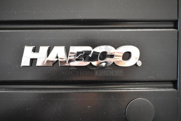 "2019 Habco SE18 metal cooler with visible logo, single door, poly coated racks, 115 volts, 1 phase."