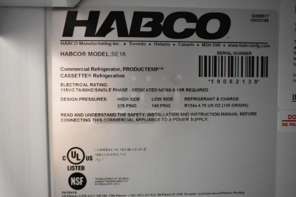 Label of Habco SE18 Commercial Refrigerator; features Producttemp Cassette Refrigeration, 115V, 1 Phase, UL, NSF listed.