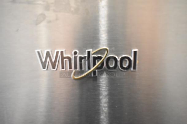 Whirlpool stainless steel single door reach-in cooler with freezer. Features 115 volts, 1 phase. Logo visible on door.