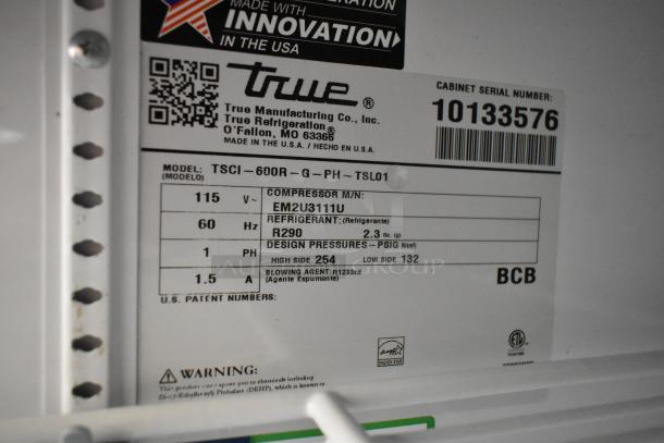 2021 True TSCI-600R-G-PH cooler label showing model details, 115V, 60Hz, R290 refrigerant, and Energy Star certification.