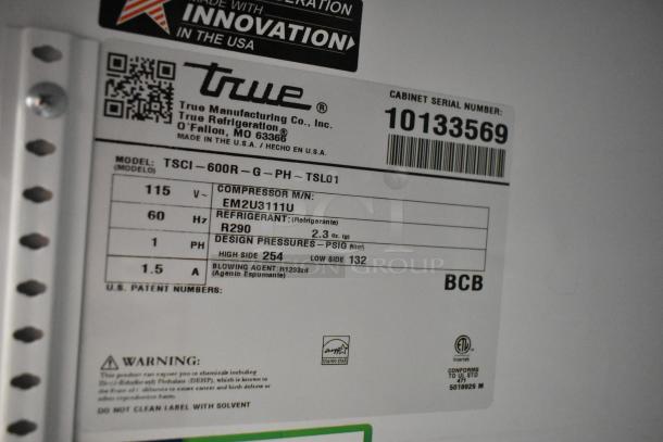 2021 True TSCI-600R-G-PH cooler label, 115 Volts, single phase, R290 refrigerant, poly coated racks, ETL certified.