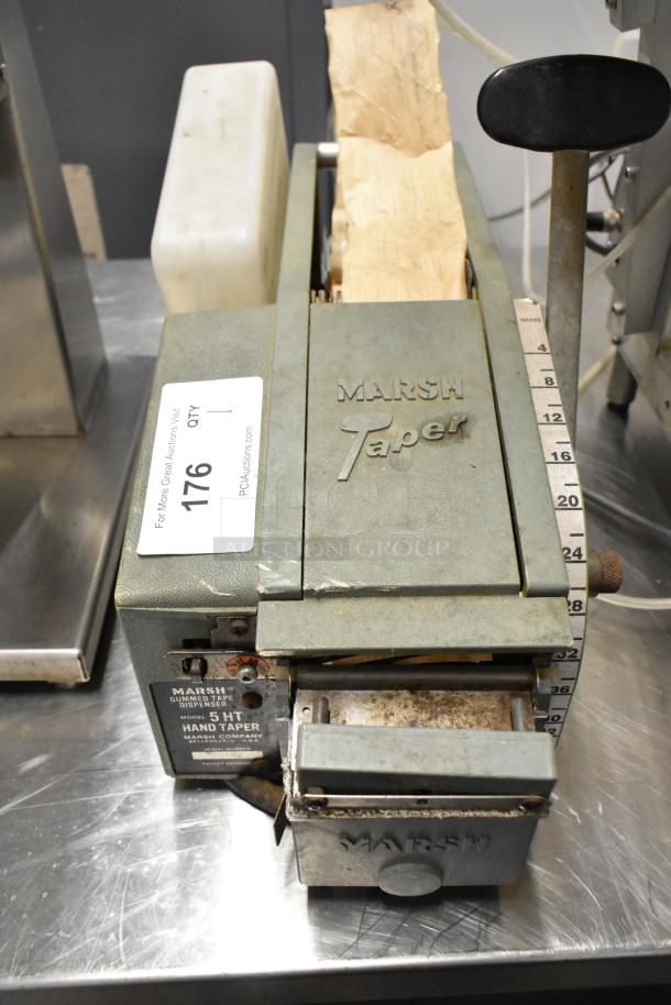 Marsh Taper 5HT Gummed Tape Dispenser, vintage model, metal construction, branded markings, with tape roll in compartment.