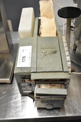 Marsh Taper 5HT Gummed Tape Dispenser, vintage model, metal construction, branded markings, with tape roll in compartment.