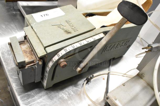 Marsh Taper 5HT gummed tape dispenser, vintage condition, green metal body with measurement scale and manual lever.