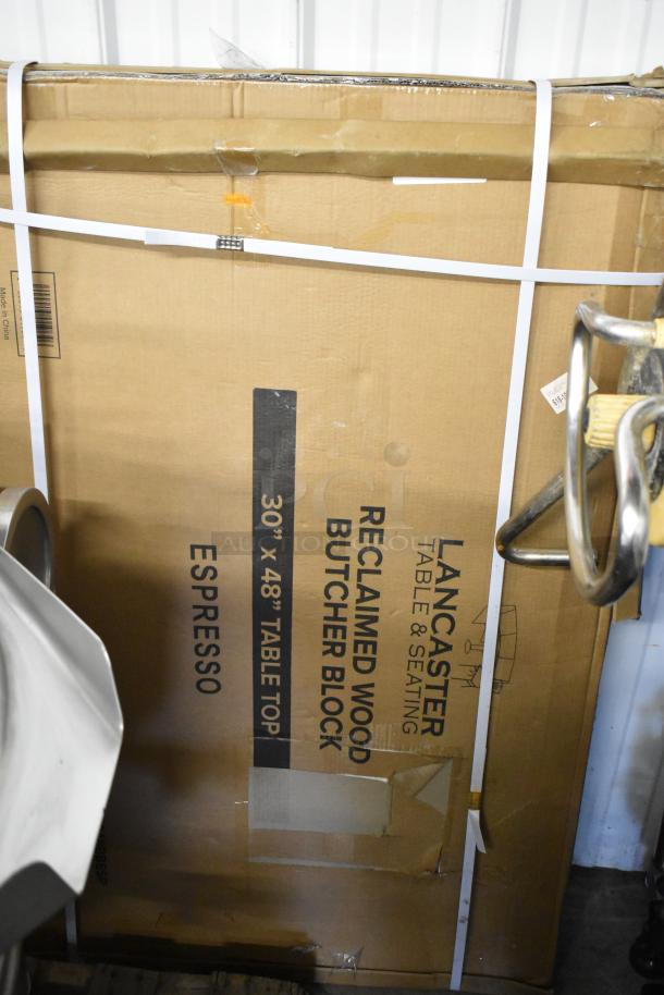 Brand new Lancaster 30"x48" wood butcher block table top, espresso finish. Scratch and dent condition; packaging visible.