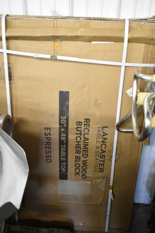 Brand new Lancaster 30"x48" wood butcher block table top, espresso finish. Scratch and dent condition; packaging visible.