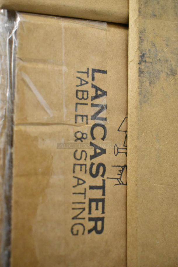 Lancaster Table & Seating butcher block table top packaging with visible logo and text. Scratches and dents indicated.