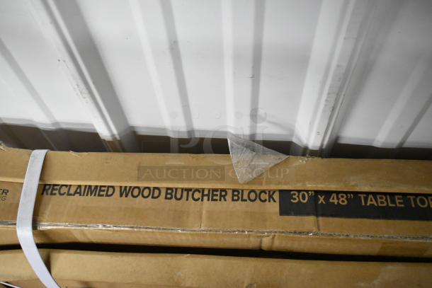 Lancaster 30" x 48" wood butcher block table top in espresso, visible scratch and dent, original packaging with labeling.