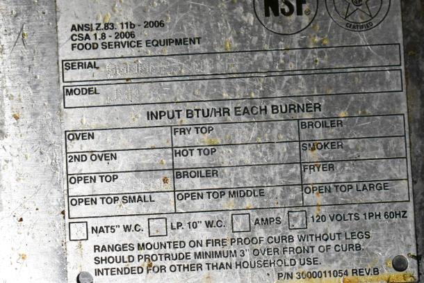 Jade Range JSR-6 Stainless Steel Commercial Gas Range, 6 burners, under shelf, NSF certified label visible, Model JSR-6.