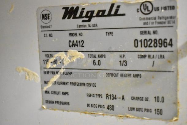 Migali CA412 Stainless Steel Commercial Sandwich Prep Table label showing model, voltage, amps, and serial number.