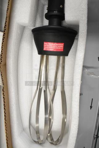 Brand new immersion blender double whisk blade in packaging; note indicates use in variable speed blenders only.