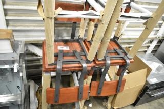 4 brand new black metal bar height chairs with wooden seats and backrests, bundled as scratch and dent.