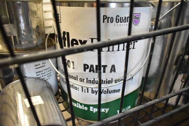 18 various items including Proflex Primer Part A Flexible Epoxy. Visible label: Pro Guard Coating, mix ratio 1:1, 1 gallon.