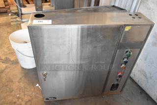 Aqua Matic stainless steel control panel for grease extractor, 115 volts, 1 phase, featuring wash, rinse, fire buttons.