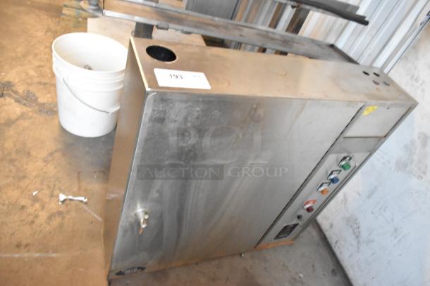 Aqua Matic stainless steel control panel for grease extractor, 115V, 1 phase. Visible markings and controls, in used condition.