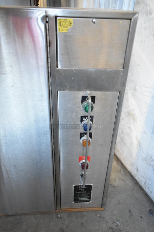 Aqua Matic stainless steel control panel for grease extractor, 115 volts, 1 phase. Features labeled buttons for operation.