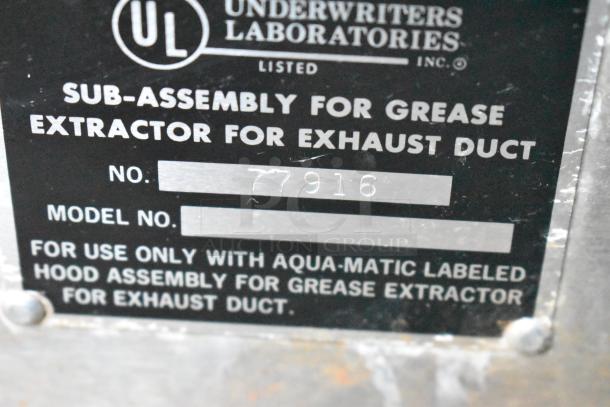 Aqua Matic stainless steel control panel for grease extractor. 115 volts, 1 phase, UL listed, sub-assembly for exhaust duct.