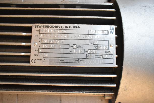 SEW-Eurodrive metal compressor model DF1100L4-KS with 5 HP, 208A/360Y voltage. Nameplate shows technical specs.