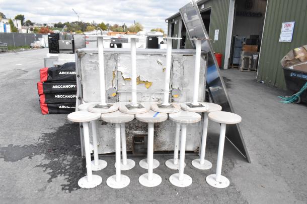 14 Staach Market Collection Boltdown Stools, white base, round wood seats, various conditions, bulk auction offer.