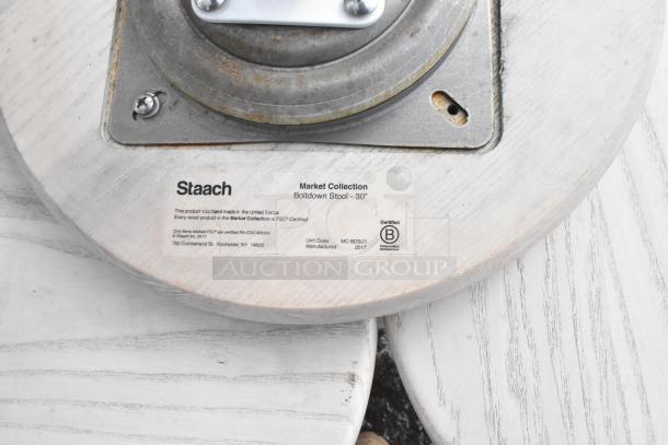 Staach Market Collection Boltdown Stool label showing details such as certification, unit code MC-BDS-J, made in 2017.