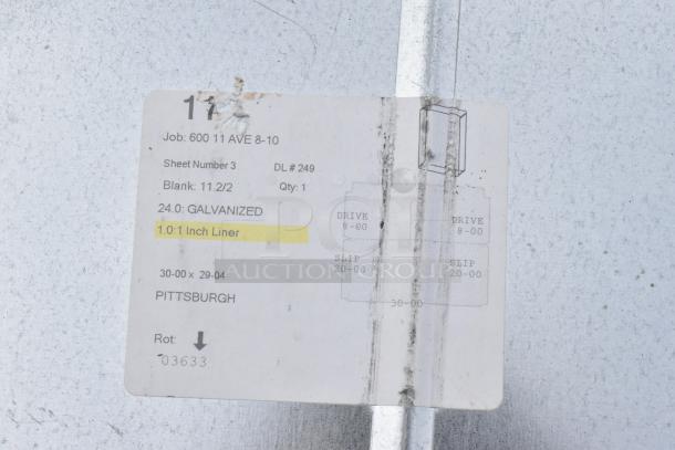 Galvanized metal duct with tag. Features 1-inch liner, 30x29 dimensions, marked as Pittsburgh, job 600 11 Ave 8-10.