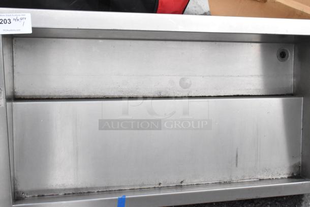 Stainless steel drop-in unit, rectangular, visible wear, auction tag #203, single compartment. Suitable for kitchen installation.