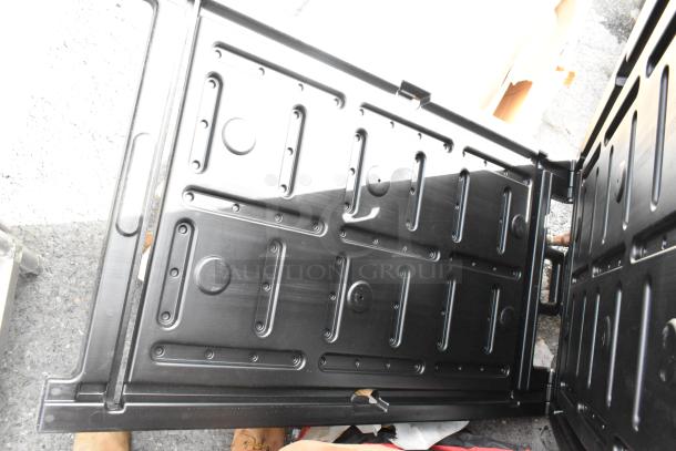 Black poly A-frame sidewalk sign, durable light plastic, good condition, suitable for outdoor advertising.