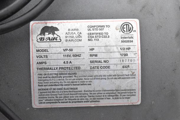 B Air VP-50 Black Poly Air Mover Fan, 115V, 1/2 HP. Model info plate showing 115V, 60Hz, 4.5A, thermally protected.